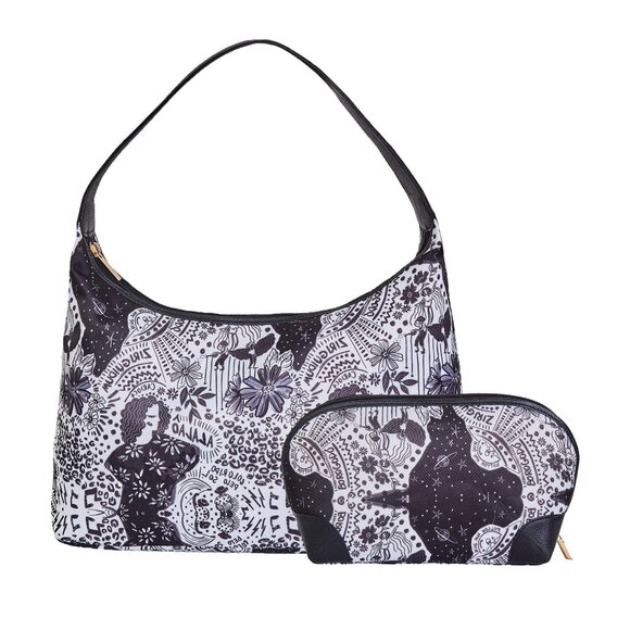Black Print Sling Hobo & Cosmetic Bag Combo for Women – Fabric Shoulder Bag - Picture 1 of 5